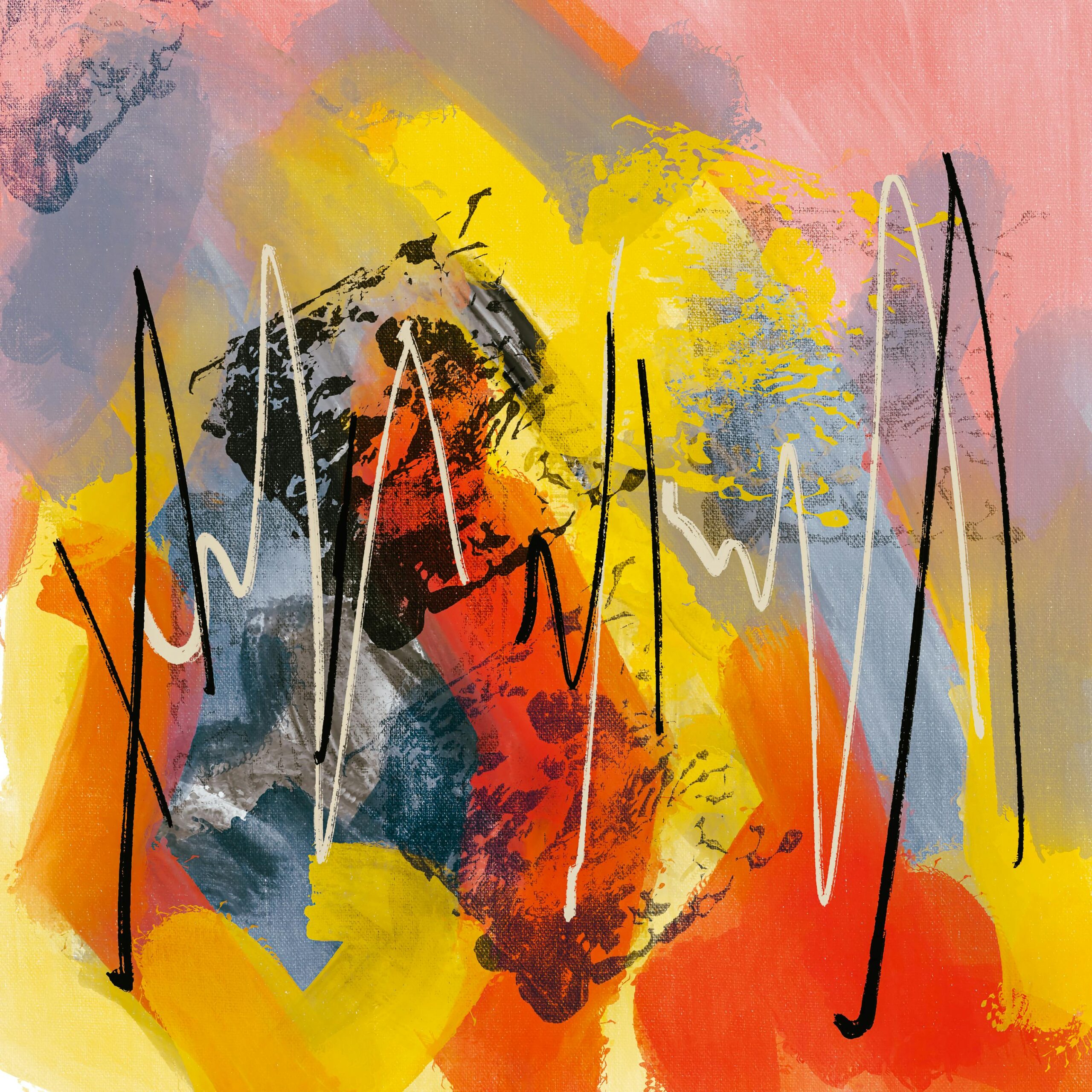 Abstract African-inspired painting with bold strokes of yellow, red, black, and blue symbolizing cultural storytelling, creativity, and heritage.